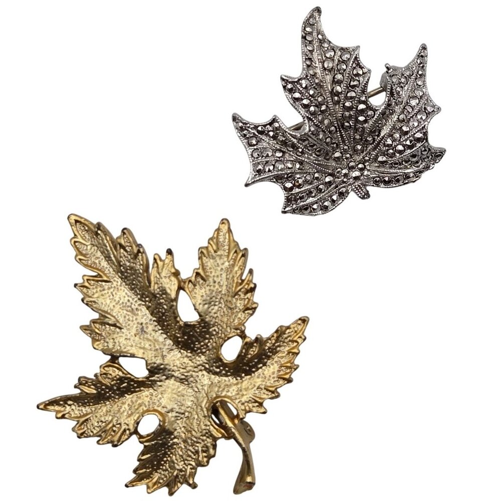 VTG 2PC Brooch Maple Leaf Set Gold Silver Tone Fall Classy Elegant Statement Pin